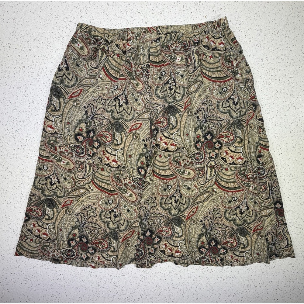Orvis Women's 100% Silk Paisley Print Knee Length A-Line Skirt Elastic Waist L